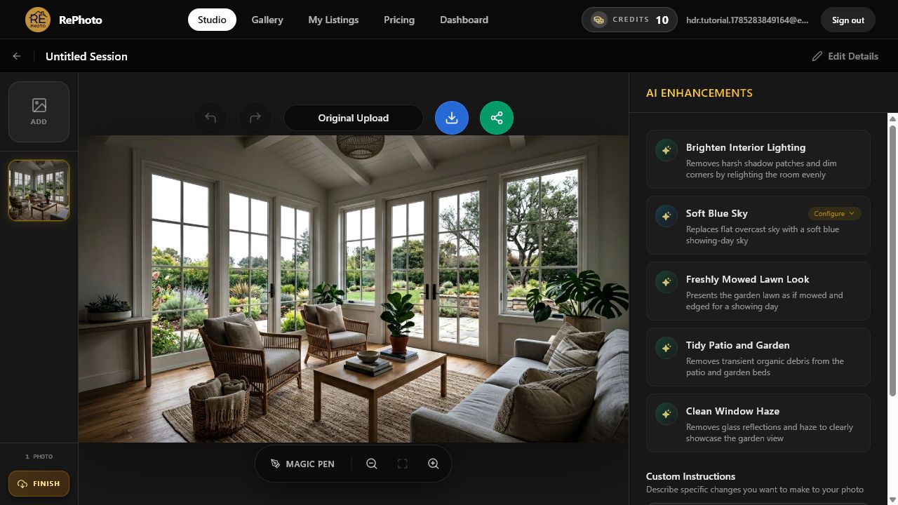 AI Enhancements panel showing Brighten Interior Lighting for a dark real estate photo