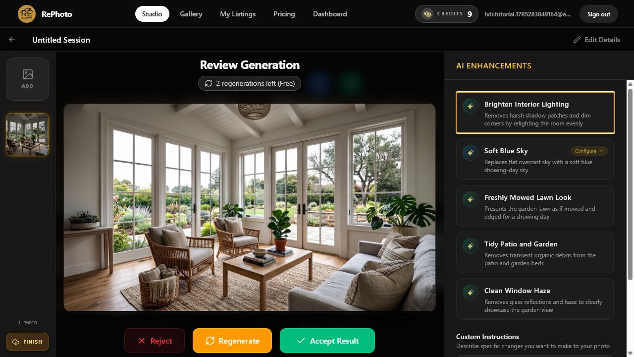 Review Generation screen showing a dark real estate interior brightened with AI