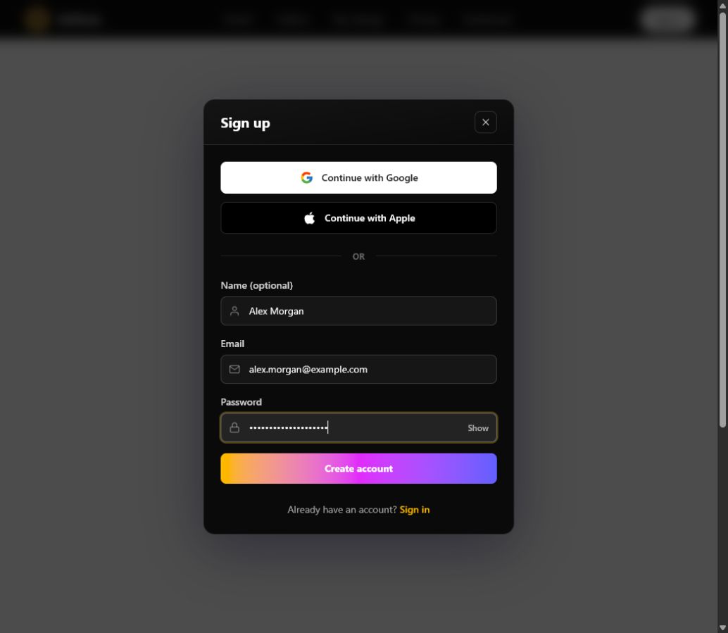 RePhoto sign-up dialog with email and password fields