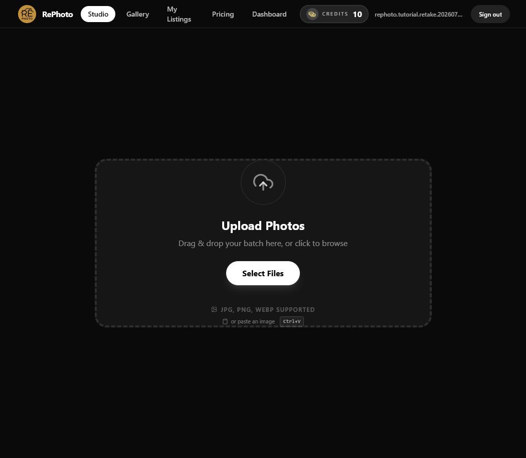 RePhoto Studio upload screen with Select Files button