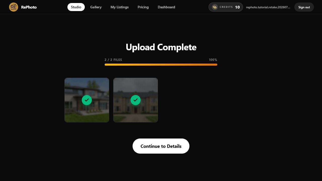 RePhoto upload complete screen showing two successfully uploaded property photos
