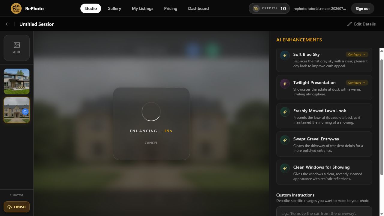 RePhoto editor processing a day-to-dusk enhancement