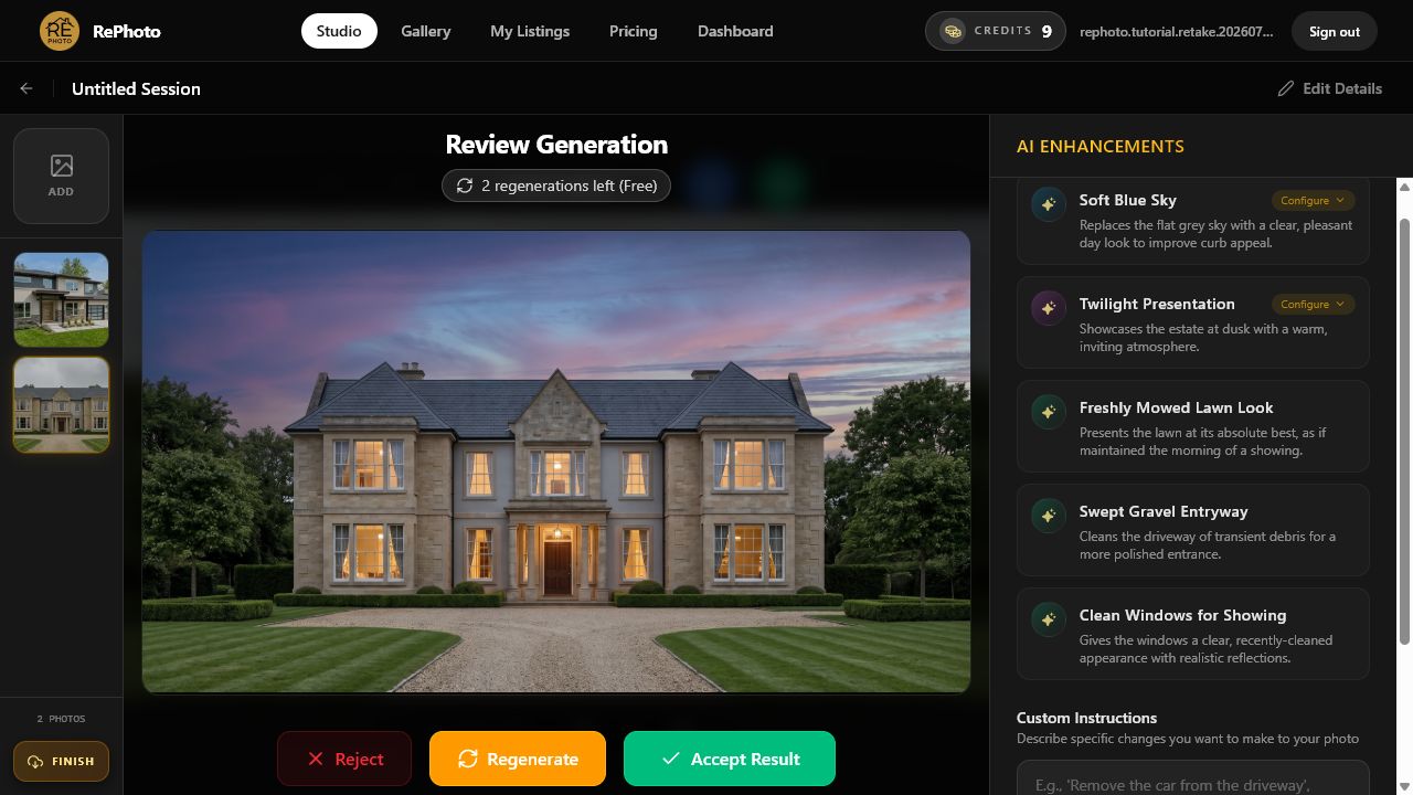 Review Generation screen showing a completed twilight real estate photo