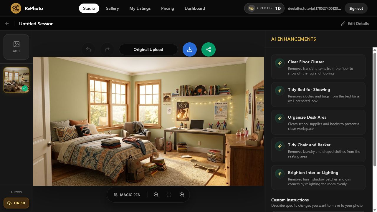 AI Enhancements suggestions for removing clutter from a real estate bedroom photo