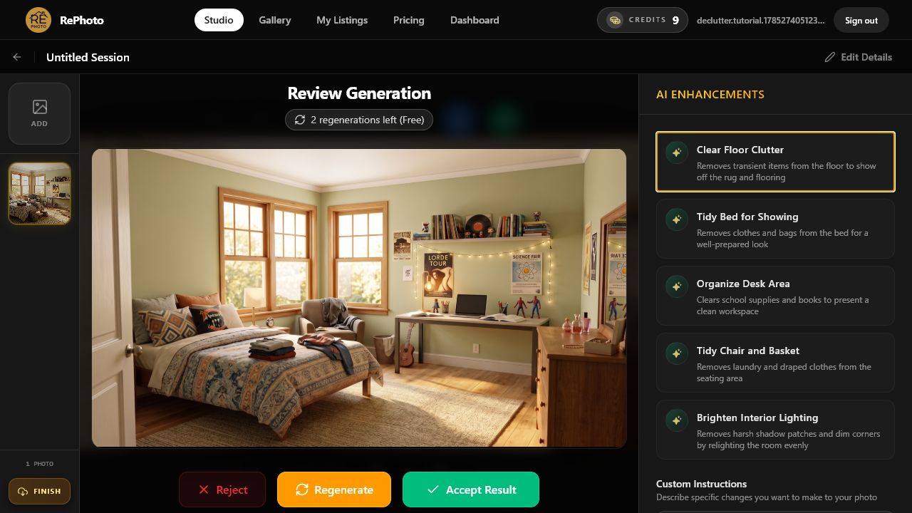 Review Generation screen for an AI decluttered real estate photo