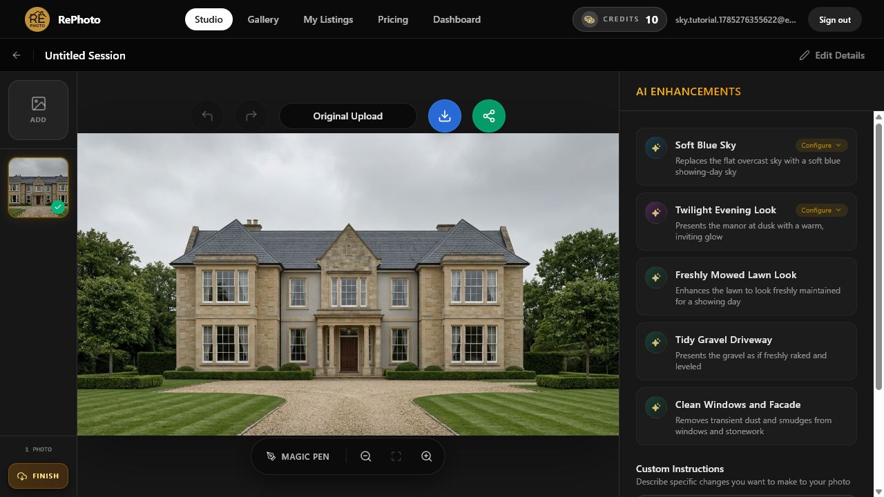AI Enhancements panel showing Soft Blue Sky for an overcast real estate exterior