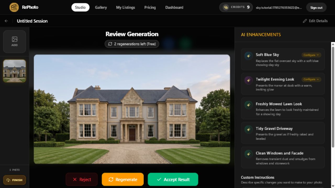 Review Generation screen with a natural blue sky replacement on a real estate exterior