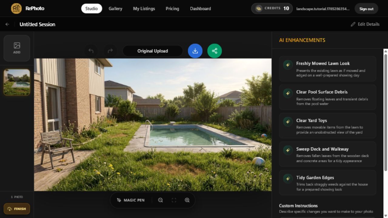 AI Enhancements panel showing Freshly Mowed Lawn Look for an overgrown backyard