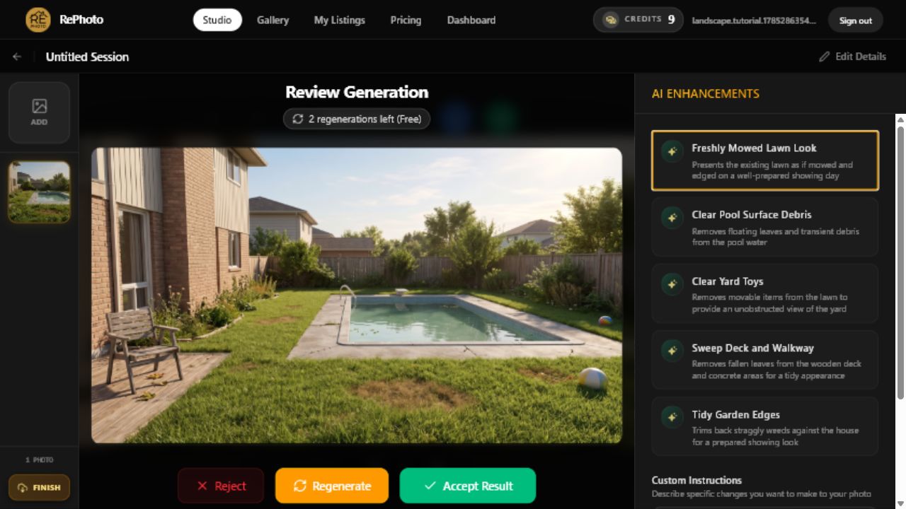 Review Generation screen showing an overgrown real estate lawn virtually mowed with AI