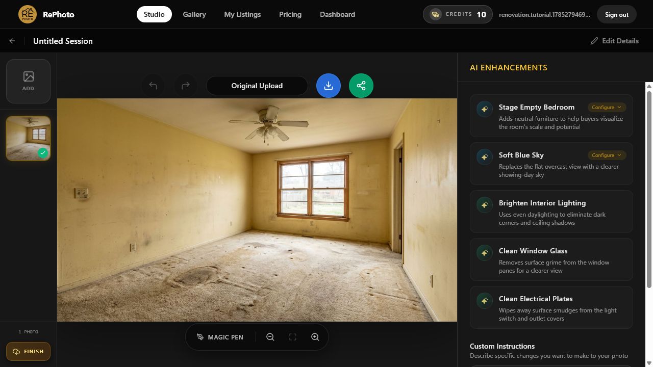 AI Enhancements panel analyzing a dated empty room before virtual renovation