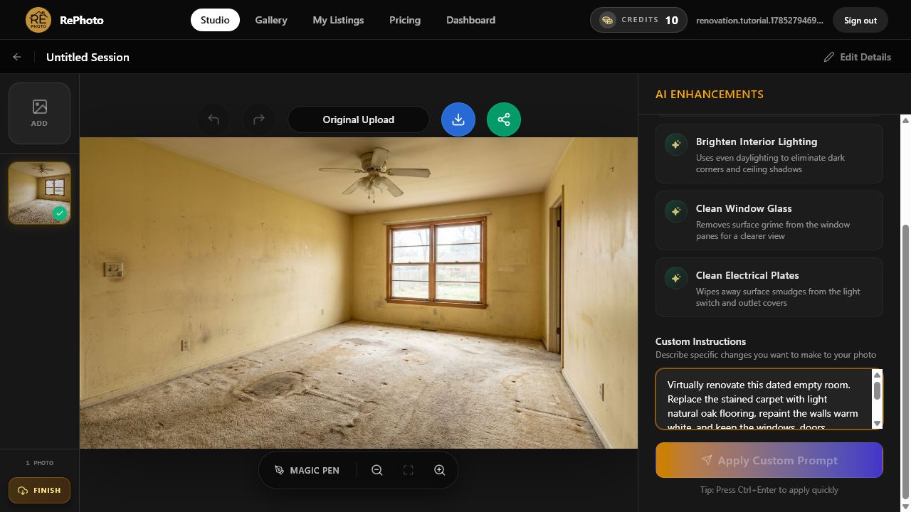 Custom Instructions containing a precise virtual renovation prompt for a dated room