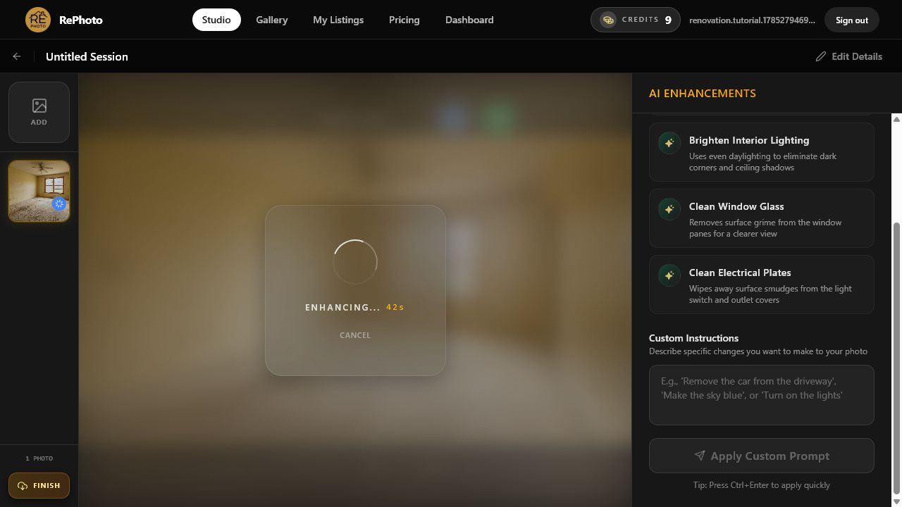 RePhoto processing a custom AI virtual renovation for a dated room