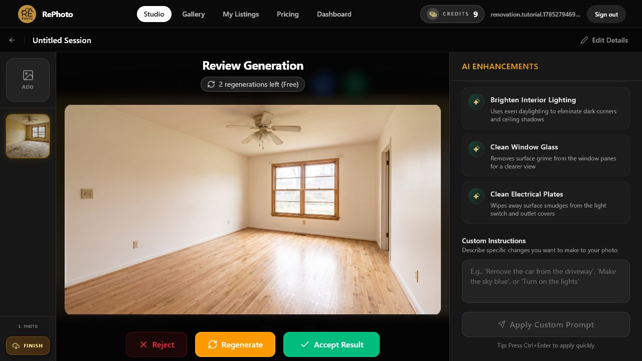 Review Generation screen showing an AI-renovated empty room with oak flooring and white walls