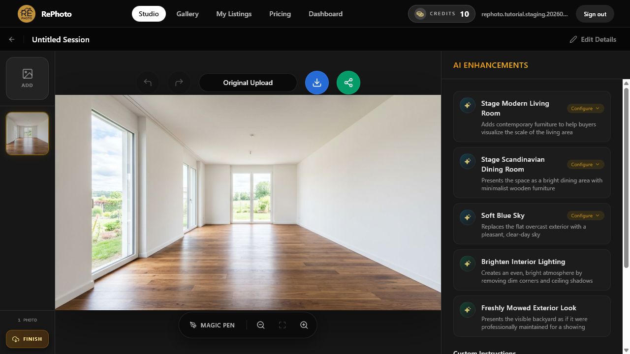 RePhoto AI Enhancements panel showing the Stage Modern Living Room suggestion