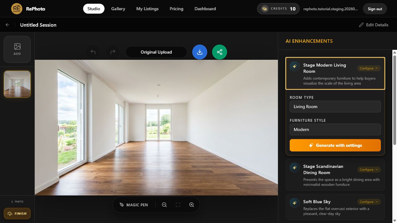 Virtual Staging settings configured for a modern living room
