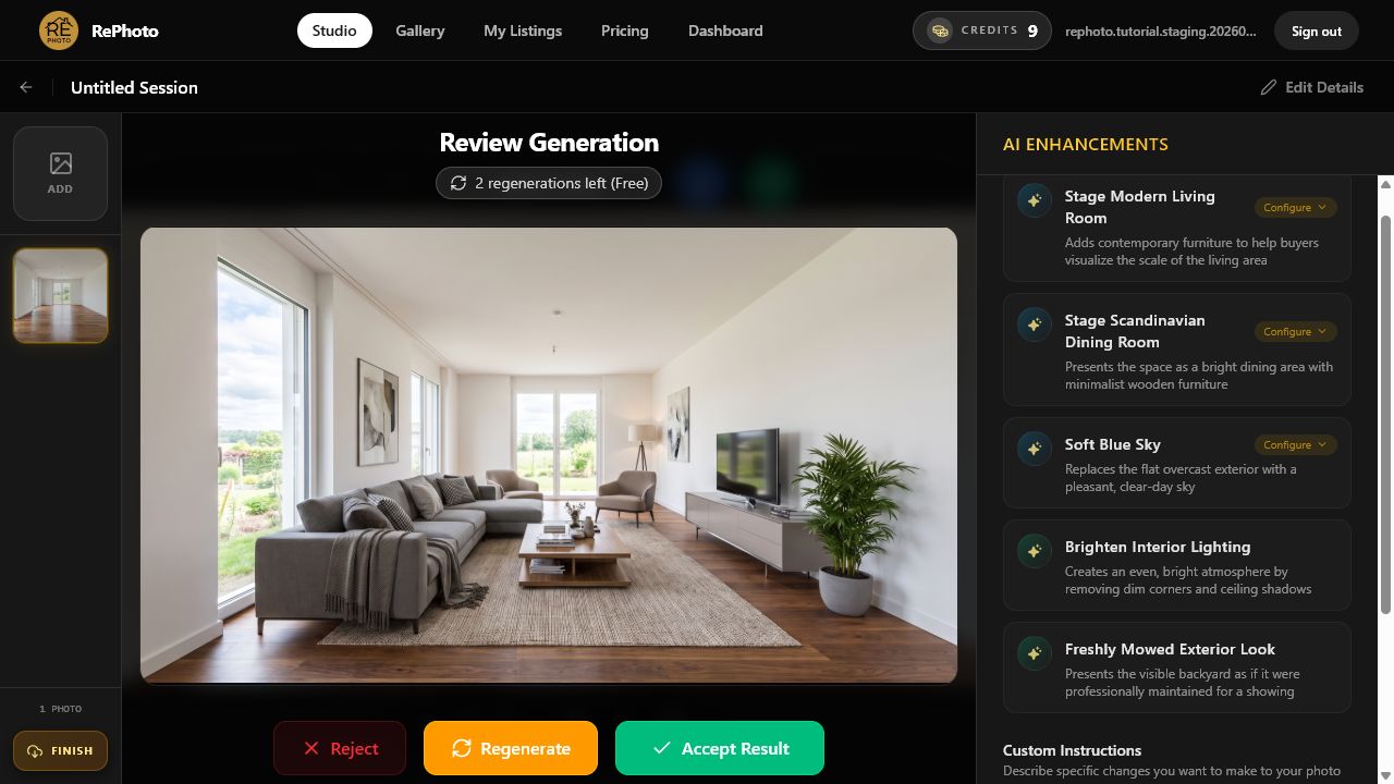 Review Generation screen with a virtually staged modern living room