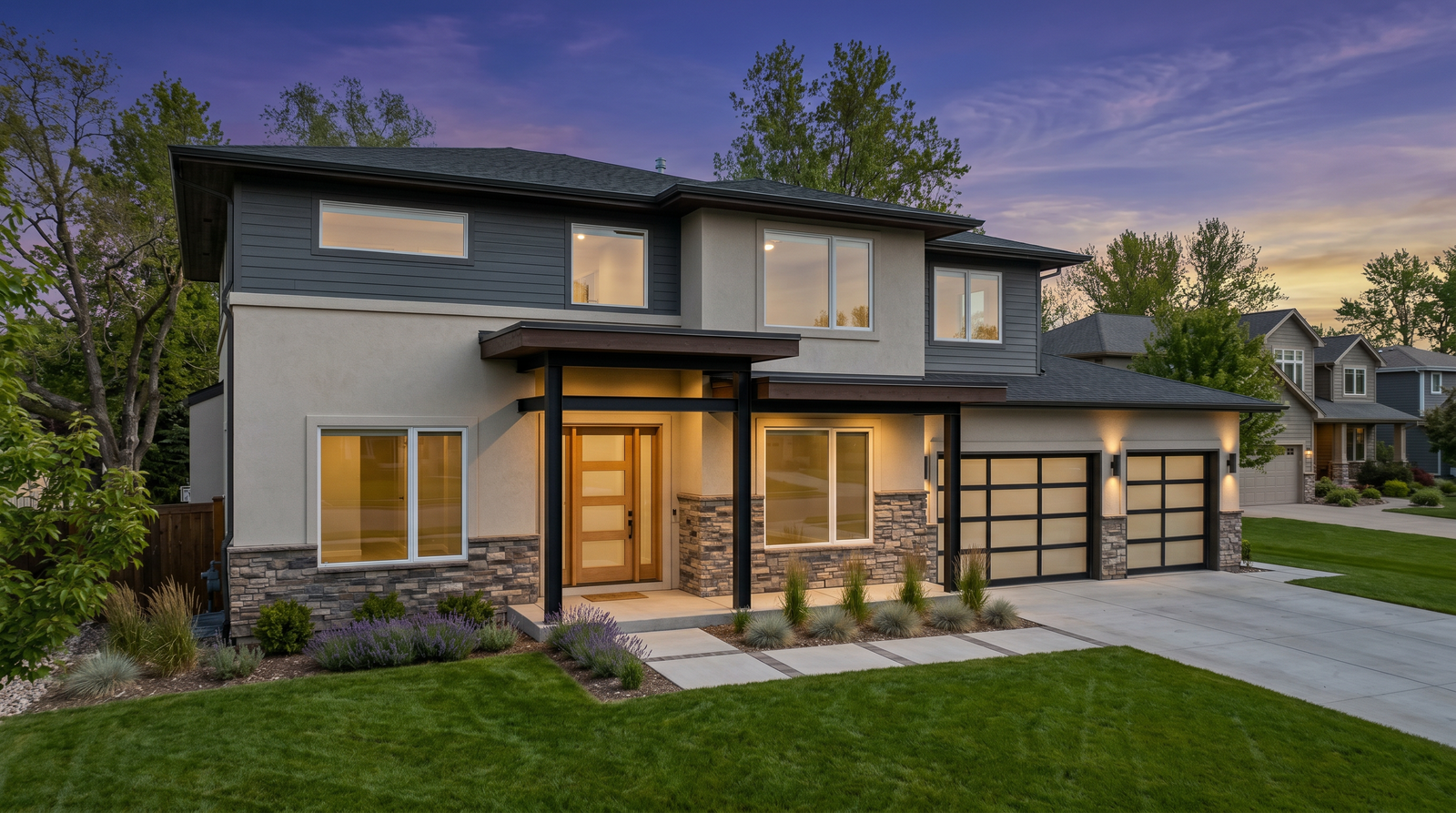 Same exterior converted to twilight with glowing windows and warm sky by RePhoto AI